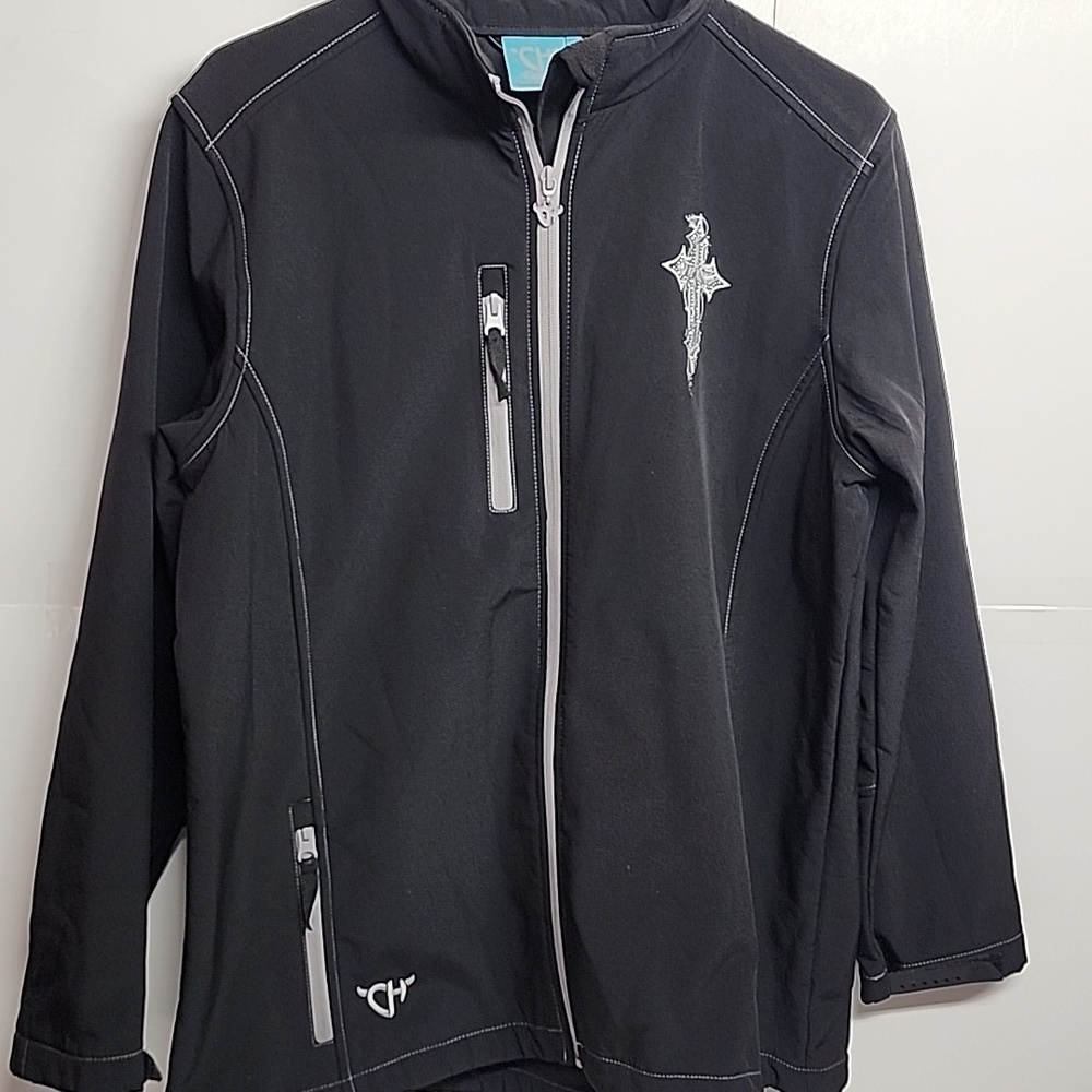 Cowgirl Hardware Sz L Black Zip-Up Jacket w/ Embroidered Cross Design Minimalist